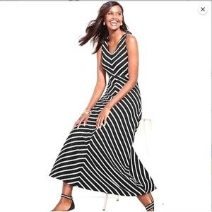 Talbots Black White Chevron Stripe Maxi Dress Sleeveless Size Small